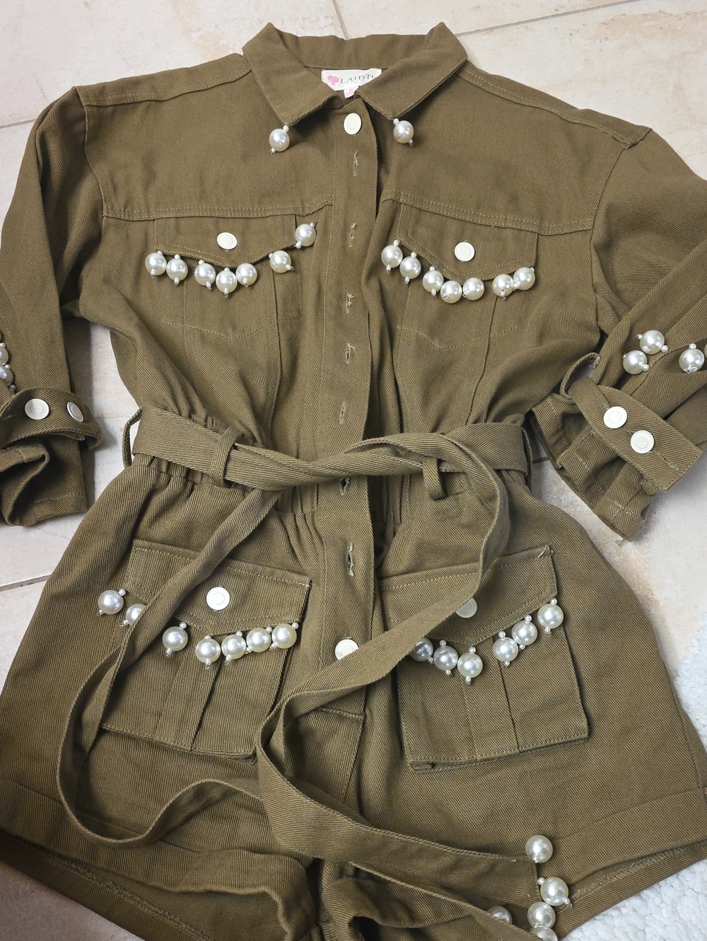 L'ATISTE Olive Romper with Pearl Trim and Tie Belt